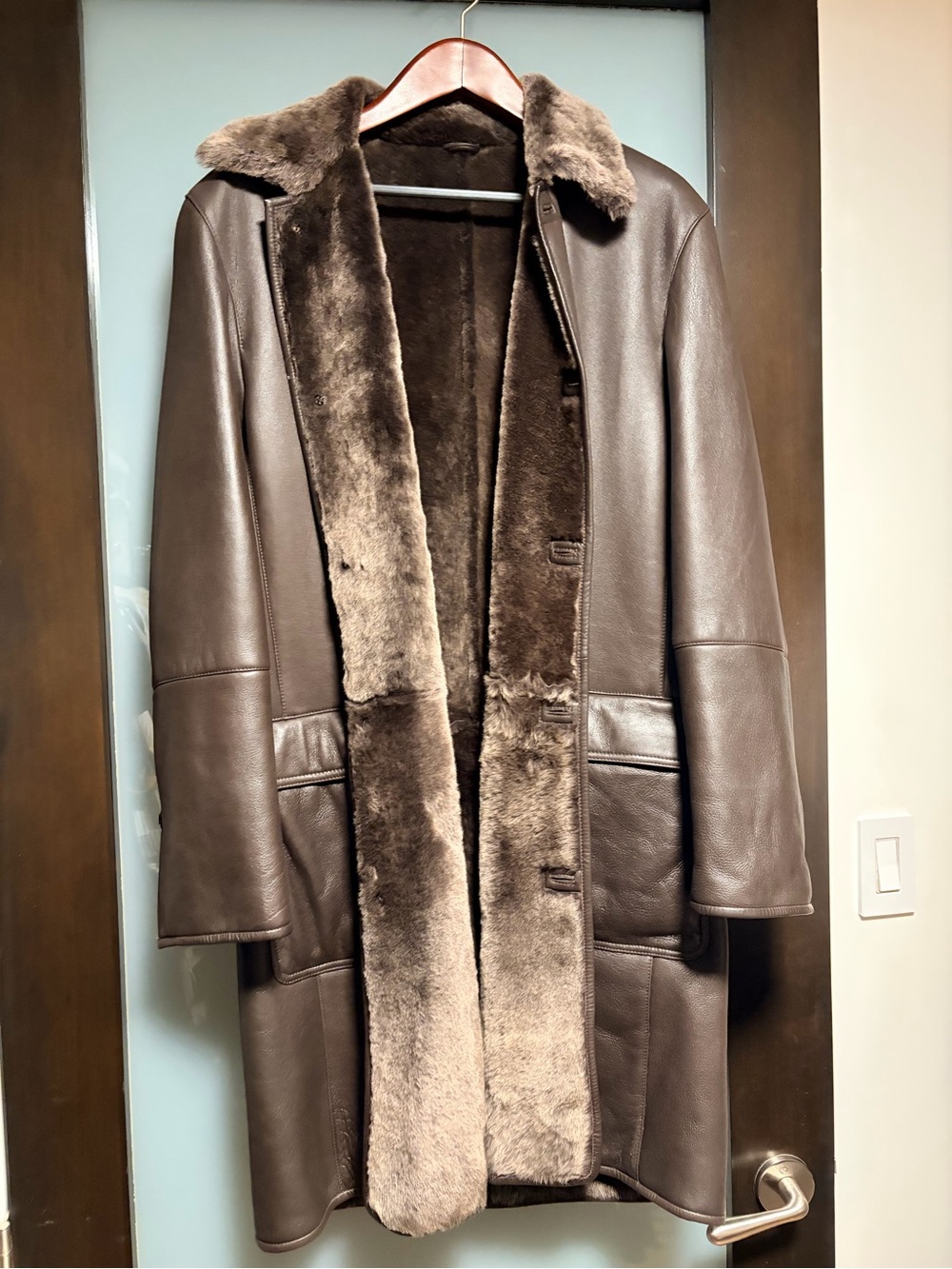 Bruno Magli Reversible Brown Shearling-Lined Leather Coat